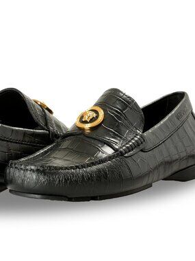 Versace Men's Black Leather Croc Print Medusa Driver Loafers Shoes US 9 IT 42